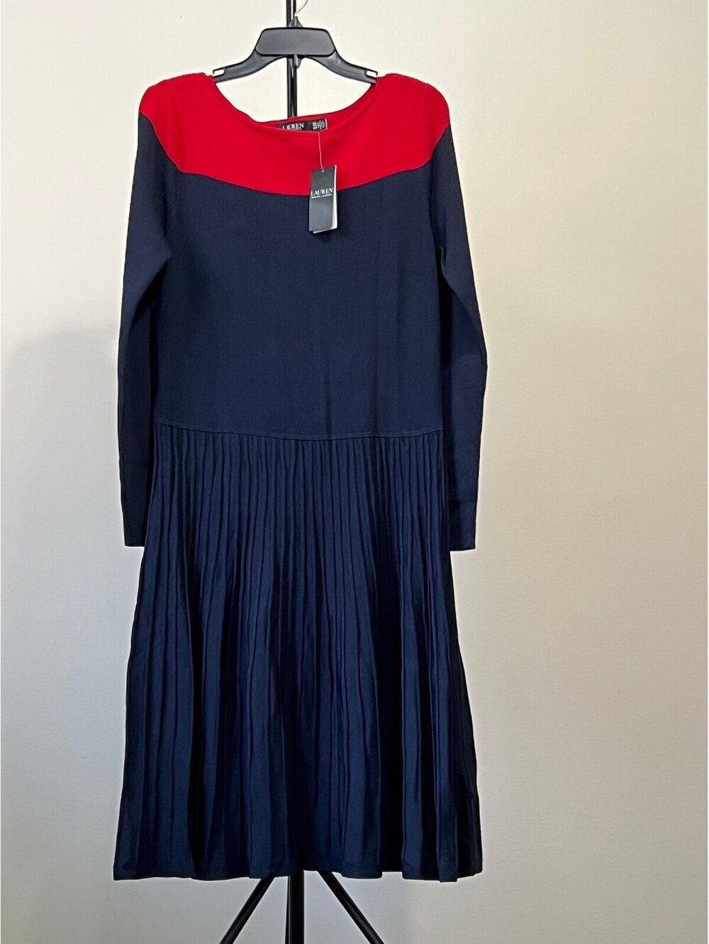 Lauren Ralph Lauren Women's Two-Tone Pointelle-Knit Dress - Lauren Navy/Red ,
